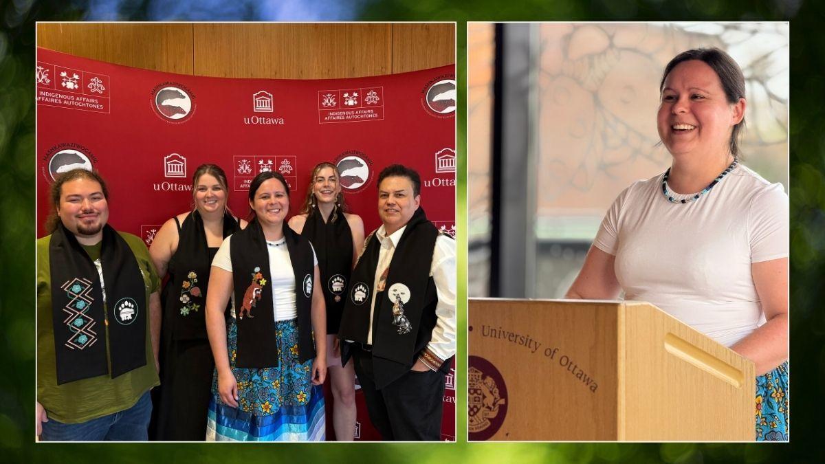 Right: Tasha Simon stands at the centre of the 2025 Indigenous graduates. Each is wearing their hand-beaded stoles. Left: Tasha Simon Senior Specialist in Indigenous Programs and Law School Auntie.