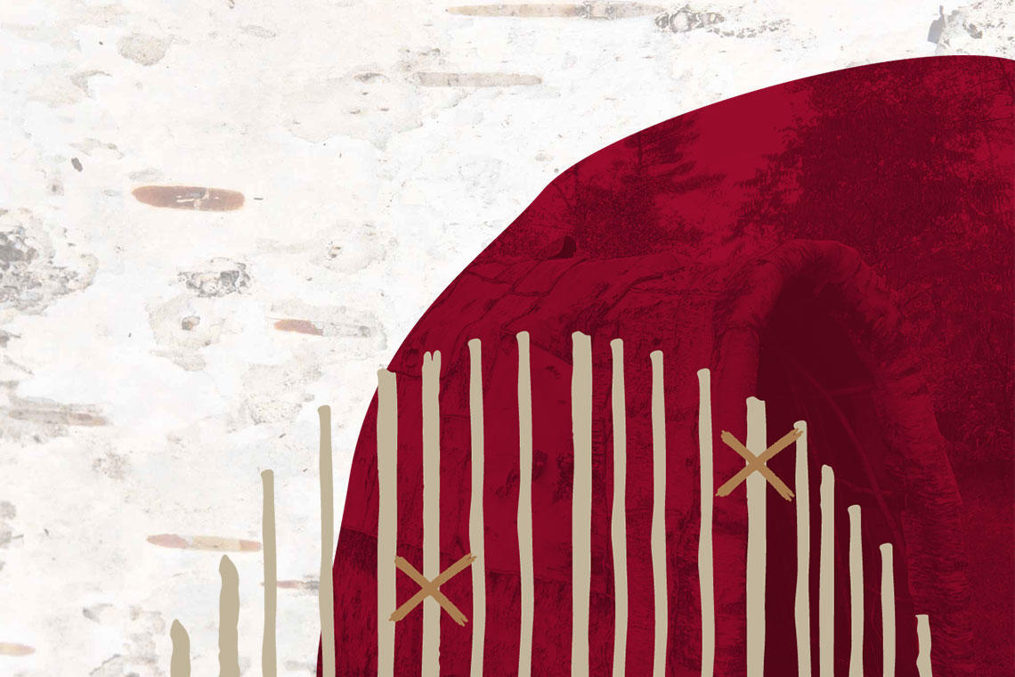 Hoop 4 of the “Indigenous Action Plan 2025–2030”. Illustration of a traditional Indigenous structure on a red background, overlaid with beige vertical lines and crosses.