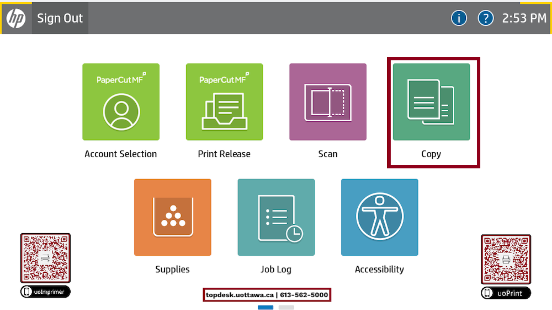 Printer screen highlighting the Copy button