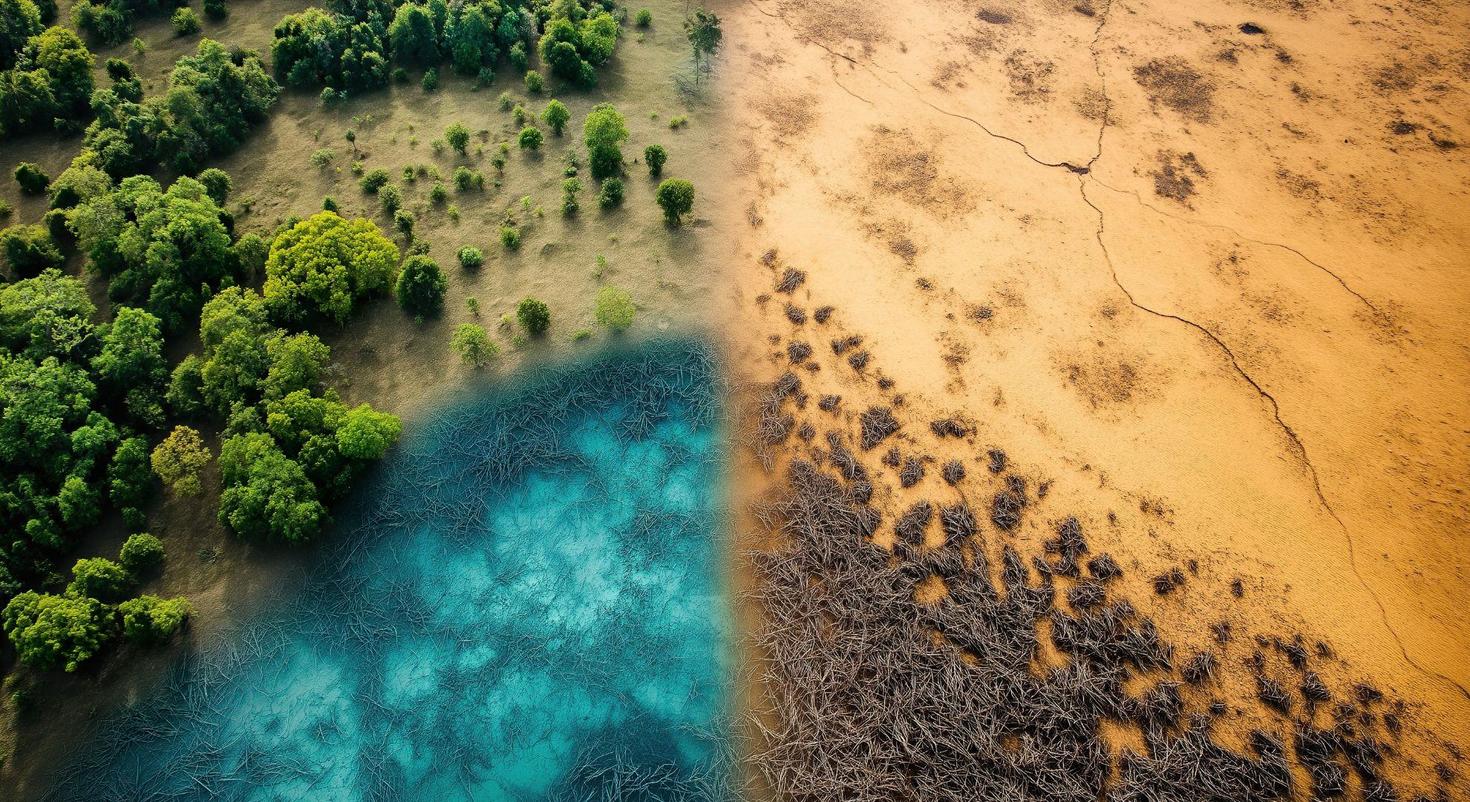 Aerial view contrasting lush forest and barren land