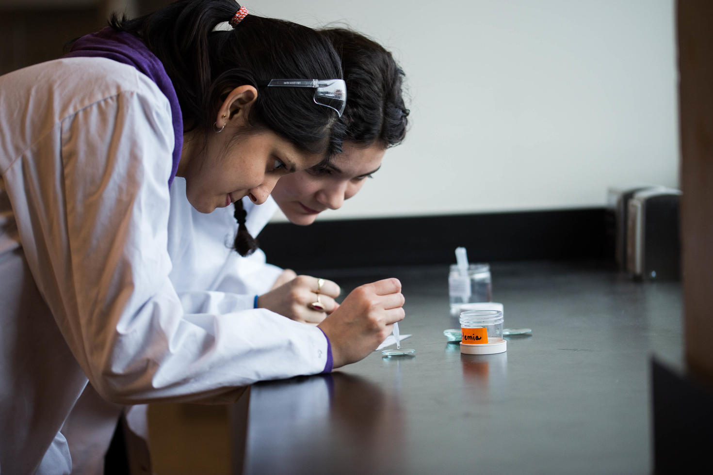 Two female students working on samples in a lab