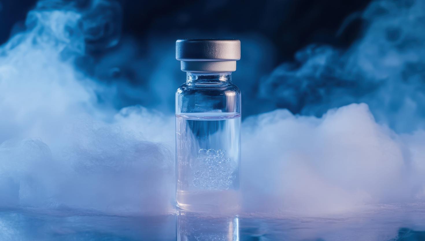Vial Surrounded by Dry Ice Containing Stem Cell Sample for Cryopreservation