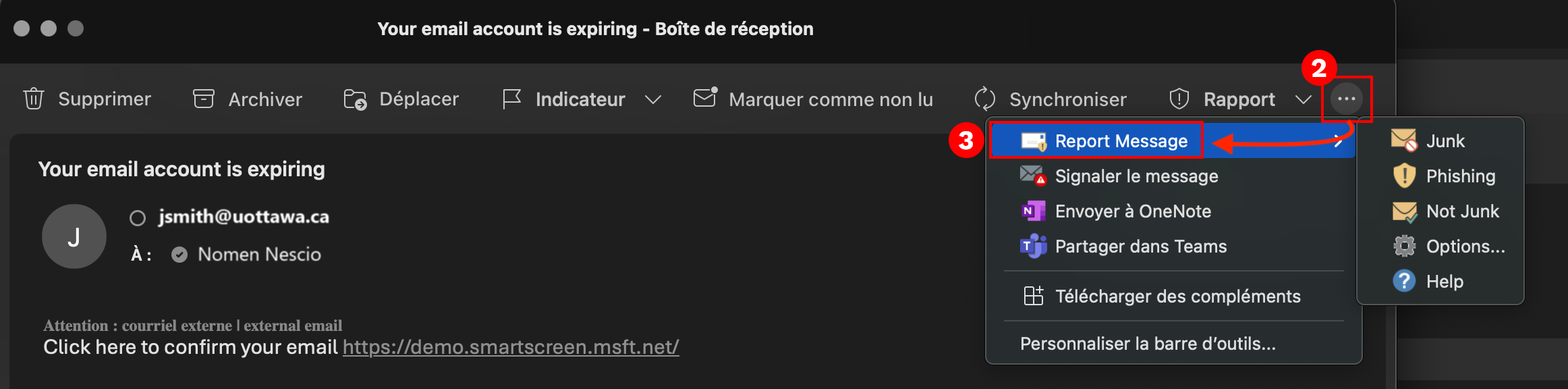 Fenêtre de courrier électronique sur un ordinateur Macintosh avec le menu MOre actions en rouge à l'étape 2, et l'élément de menu élargi Report message en rouge à l'étape 3.