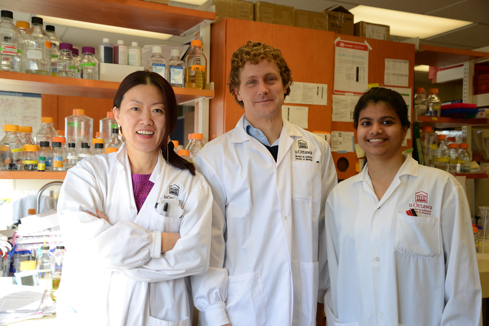 Huishan Guo, Dr. Derrick Gibbings and Maneka Chitiprolu standing in a lab together.