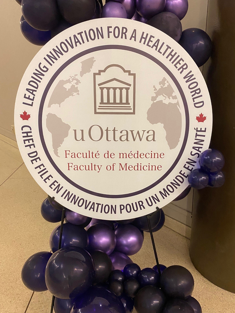 Une affiche contenant le logo de la Faculté de médecine entourée de ballons