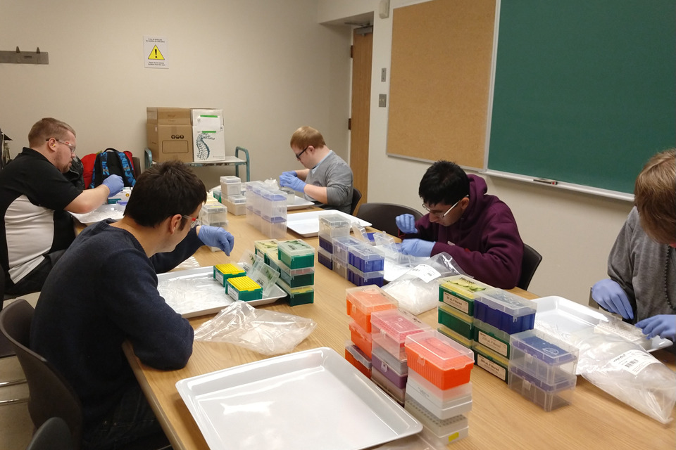 A group of men sitting at a conference room table placing pipette tips into boxes.