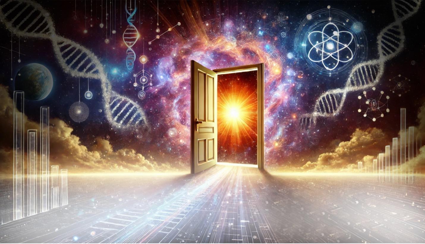 An AI-generated illustration of a door opening into a galaxy filled with science icons.