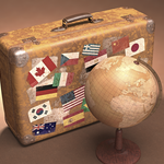 Brown suitcase with multiple country flags drawn on it. Also a brown globe in front of the suitcase